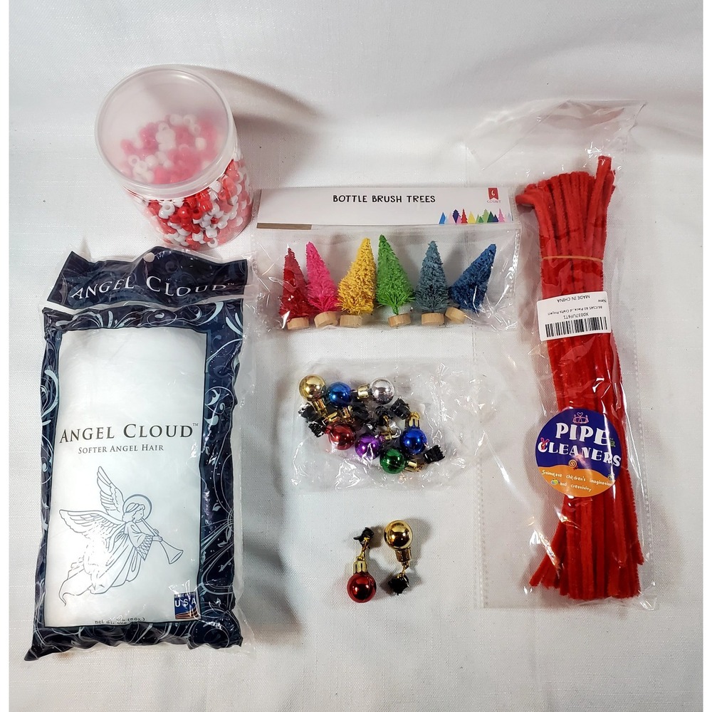 Christmas Craft Supply Lot Bottle Brush Trees Pipe Cleaners Ornaments Beads‎